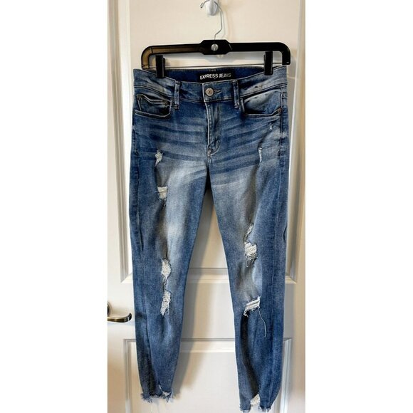 Express Jeans Womens 6 Ultimate Strech ankle Legging Distressed Blue jegging - Picture 1 of 6
